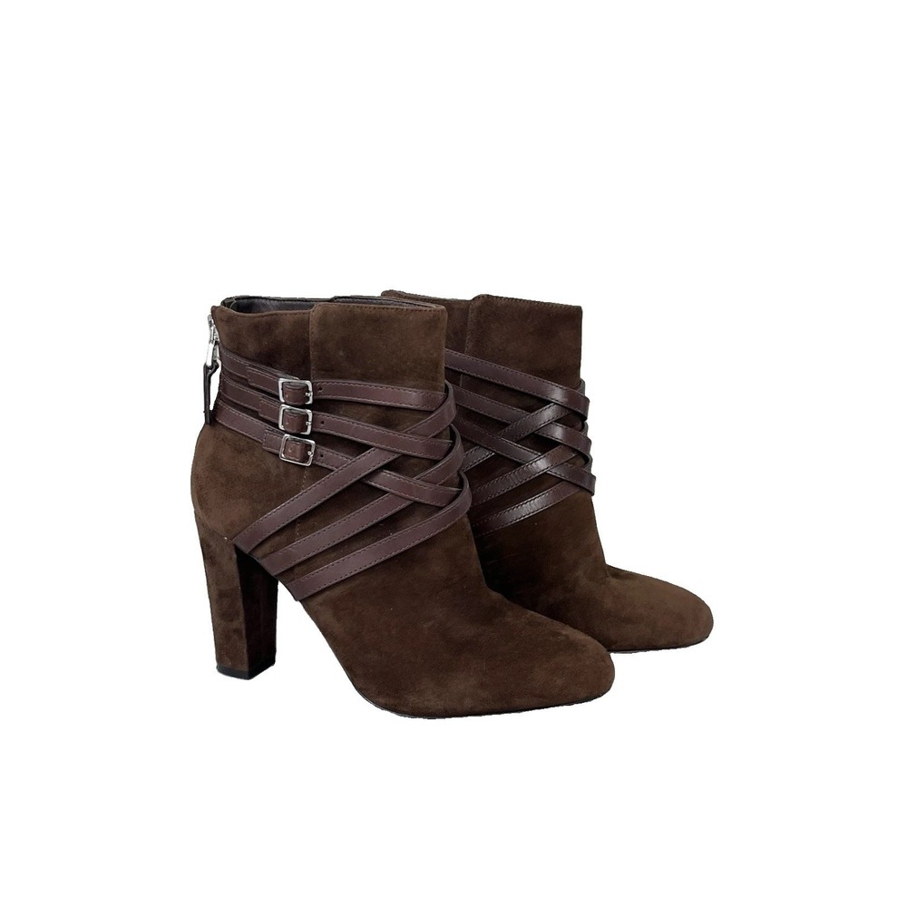 Lauren Ralph Lauren Strappy Ankle Boots Heels Brown Suede Leather Buckle Sz 8